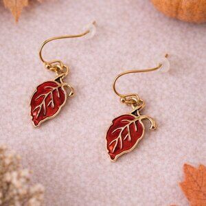 Leaf Dangle Earrings Red Enamel Gold Fall Thanksgiving Autumn